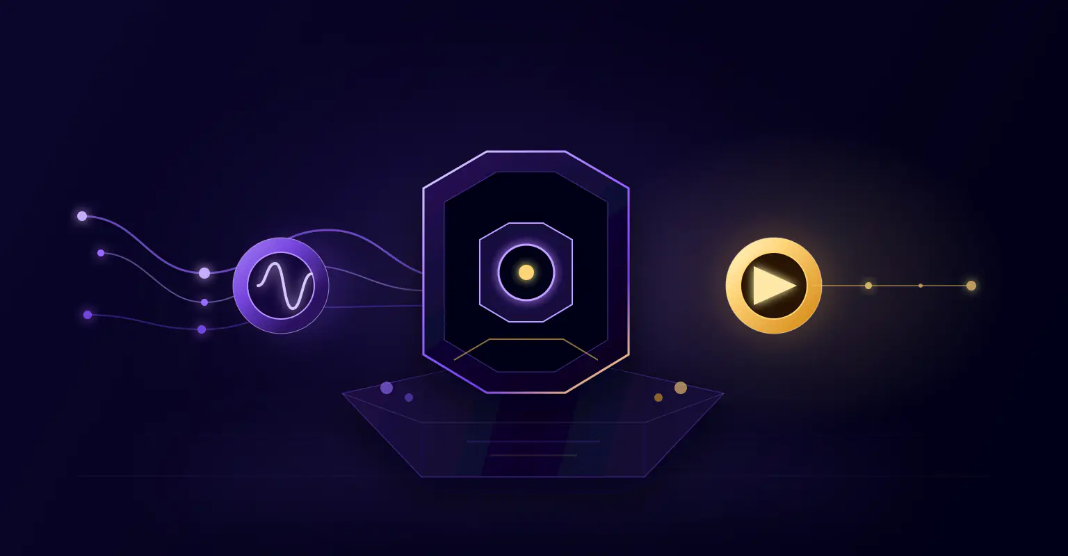 Des signaux sonores de viewers traversent une console de contrôle avant de devenir une alerte vidéo dorée.